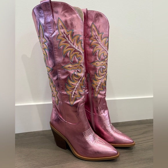 Shoes - Pink Metallic Western Knee High Cowgirl Boots with Embroidery Women Size‎ 7 & 9